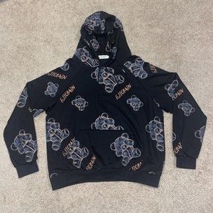 GJIO BAIN Oversized Black Teddy Bear All Over Hoodie Sweatshirt Size Small L/XL